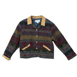 Vintage LL Bean Wool Aztec Barn Chore Jacket Southwestern L Suede Trim USA 90s